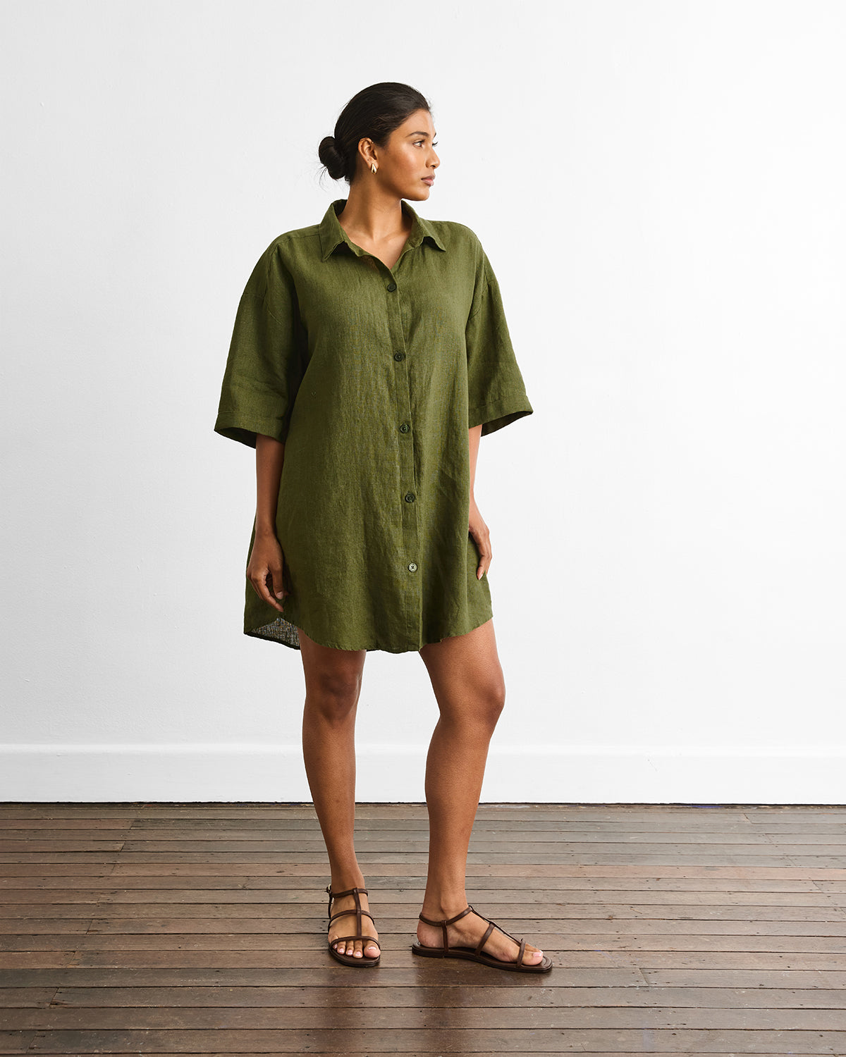 olive green linen shirt dress Plus Size Belted Button Up Long Sleeve Linen Collar, Alaya Maxi Shirt Dress in Olive, Size 2X, For Brunch