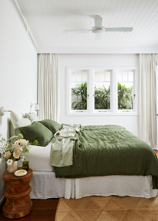 green linen bed sheets