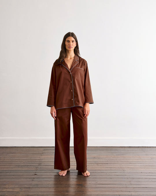 Espresso & Sky Piped Long Sleep Set