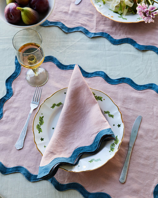 Lavender & Petrol 100% French Flax Linen Scalloped Placemats (Set of Four)