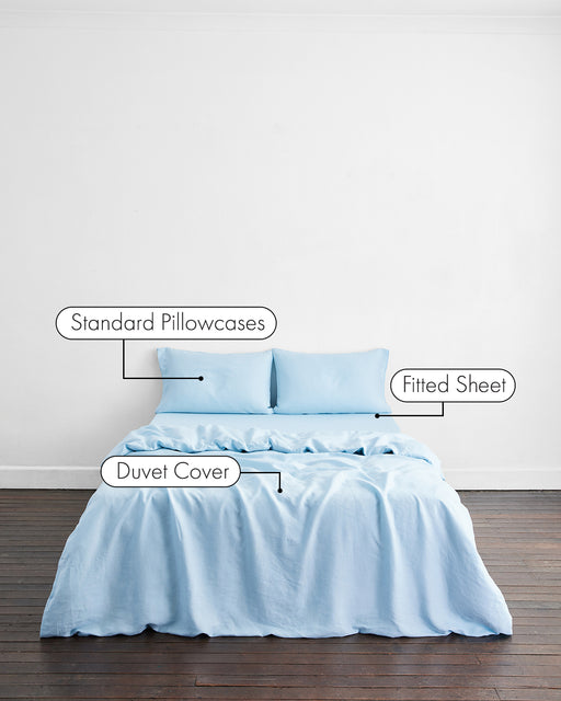A neatly made bed features the Coast 100% French Flax Linen Bedding Set by Bed Threads, including standard pillowcases, a fitted sheet, and a duvet cover in light blue, set against a plain white wall and wooden floor.