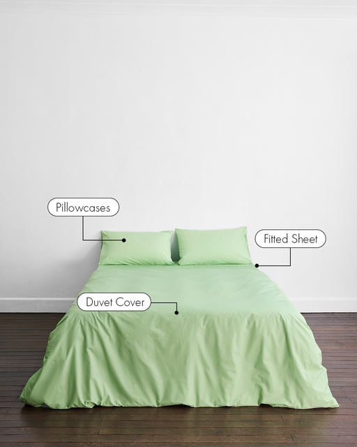A neatly made bed features the Apple Organic Cotton Bedding Set by Bed Threads in light green. Labels highlight the pillowcases, fitted sheet, and percale duvet cover. The room has white walls and a wood floor.