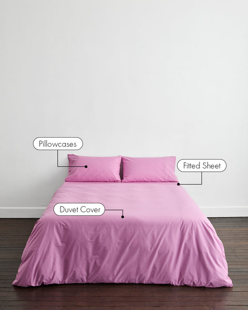 A neatly made bed features the Bubblegum Organic Cotton Bedding Set by Bed Threads—pillowcases, fitted sheet, and duvet cover—which are labeled with arrows. The room has a wooden floor and simple decor.