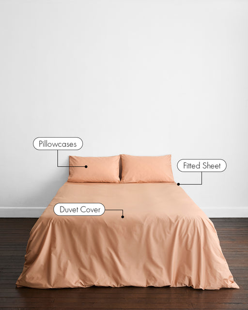 A neatly made bed with Bed Threads’ Butterscotch Organic Cotton Bedding Set—two pillowcases, a fitted sheet, and a duvet cover, each labeled—stands against a white wall on a dark wood floor.