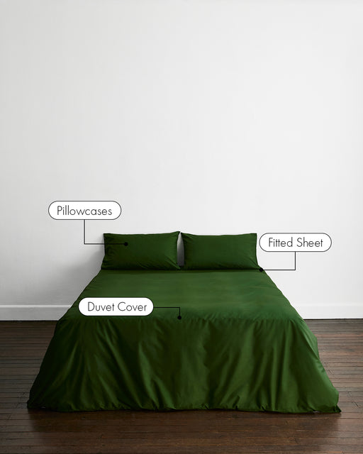 A bed features the Moss Organic Cotton Bedding Set by Bed Threads—pillowcases, a fitted sheet, and a duvet cover—all labeled. The bed is set against a plain white wall on a wooden floor.