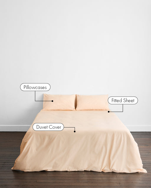 A neatly made bed with Bed Threads' Vanilla Organic Cotton Bedding Set, featuring two pillows, a fitted sheet, and a duvet cover. Each piece is labeled with text and lines. The bed sits against a plain white wall.