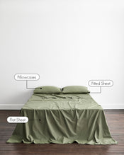An olive green bedding set, including a fitted sheet, flat sheet, and two pillowcases, styled on a bed against a white wall with dark wood flooring. Text labels point to the components: 'Pillowcases', 'Fitted Sheet', and 'Flat Sheet'. - view