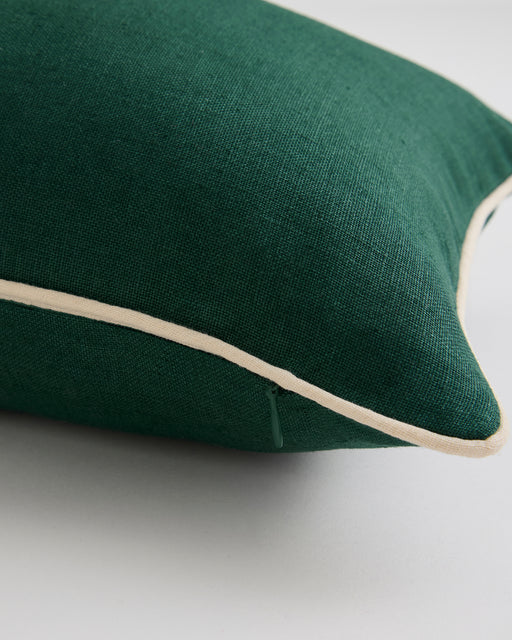 Forest & Crème 100% French Flax Linen Piped Lumbar Cushion Cover