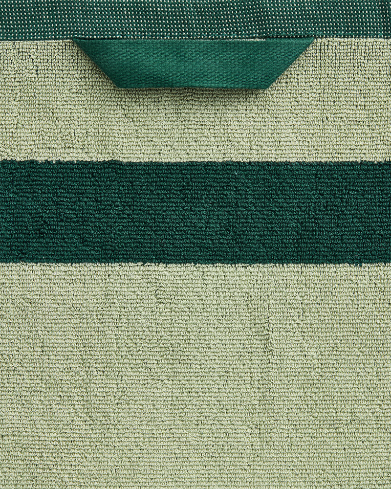 The Bed Threads Forest & Sage Two-Toned 100% Cotton Terry Bath Sheet features textured green cotton, a dark green central stripe, a top fabric loop, and a quick-drying design—ideal for luxury towel enthusiasts.