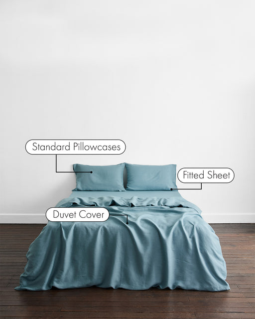 A made bed features the Lagoon 100% French Flax Linen Bedding Set by Bed Threads, with labeled standard pillowcases, fitted sheet, and duvet cover. The bedding rests against a white wall on a dark wooden floor.