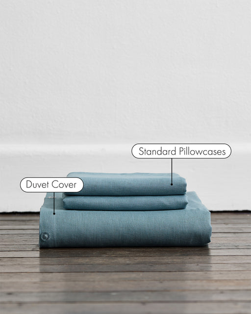 A stack of Bed Threads Lagoon 100% French Flax Linen bedding, including labeled pillowcases and a duvet cover set, rests folded on a wooden floor against a white wall.