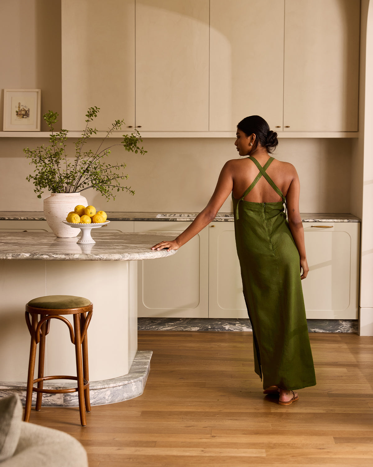 Boulevard Linen Maxi Dress in Olive Bed Threads Boulevard Linen Maxi Dress in Olive Bed Threads