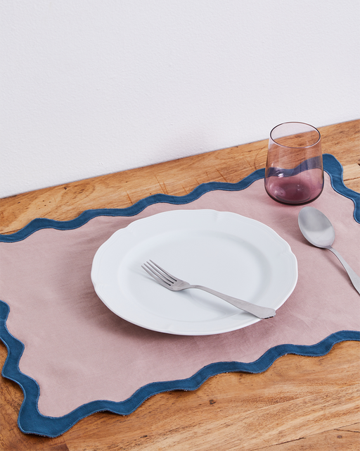 Lavender & Petrol 100% French Flax Linen Scalloped Placemats (Set of Four)