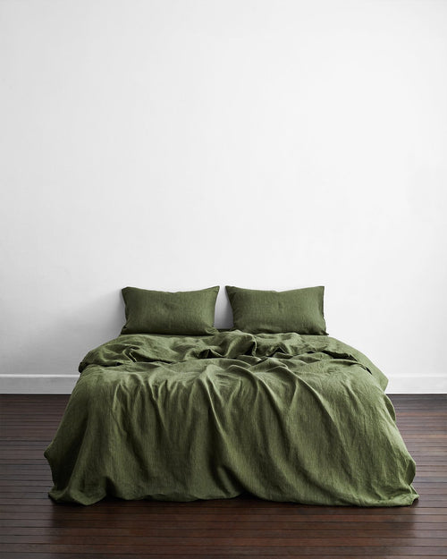 Olive Stripe 100% French Flax Linen Duvet Cover